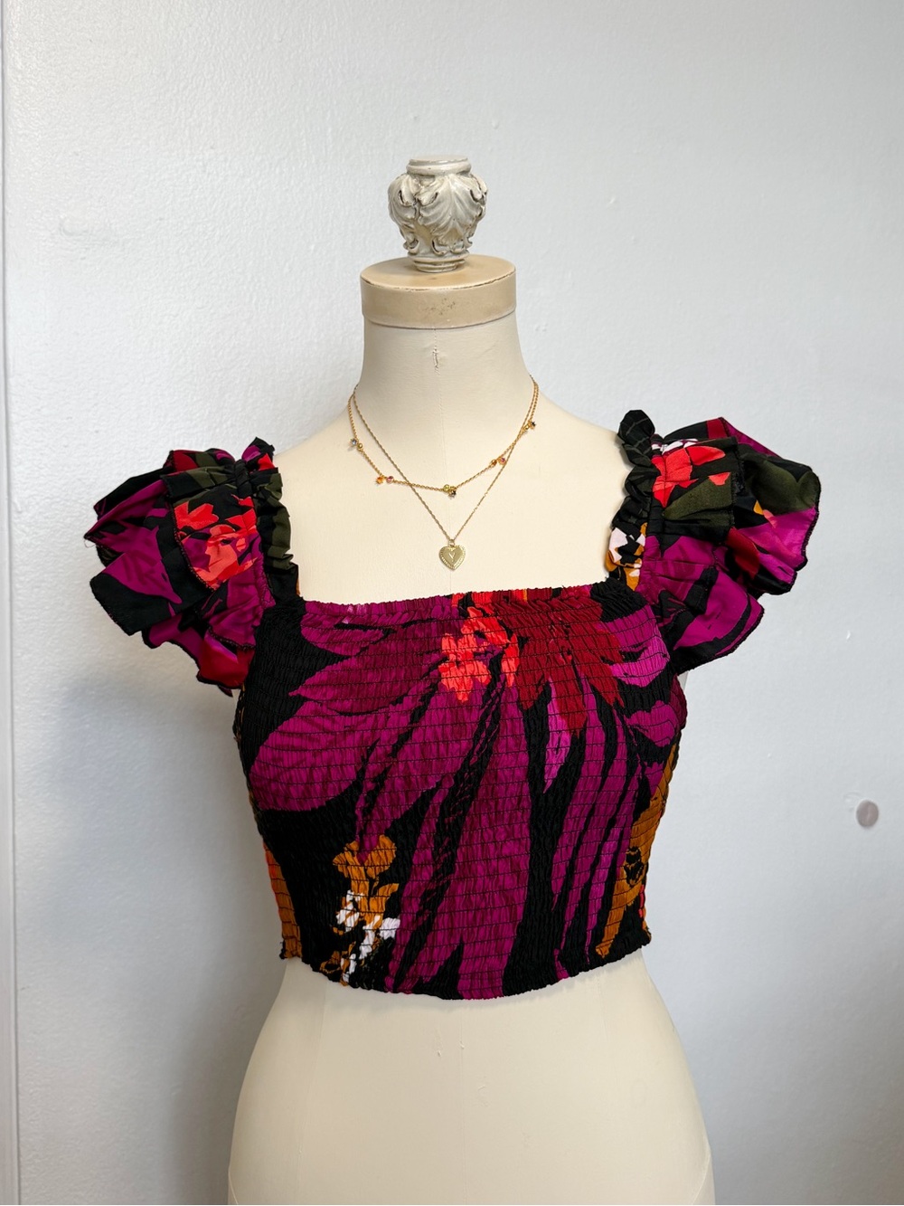 Purple Floral Smocked Puff-Sleeve Crop Top - Picture 1 of 4